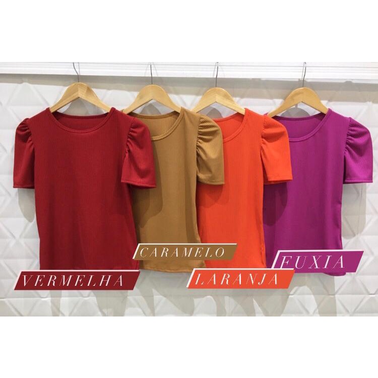 blusa feminina manga bufante princesa curta malha canelada com elastano linda top