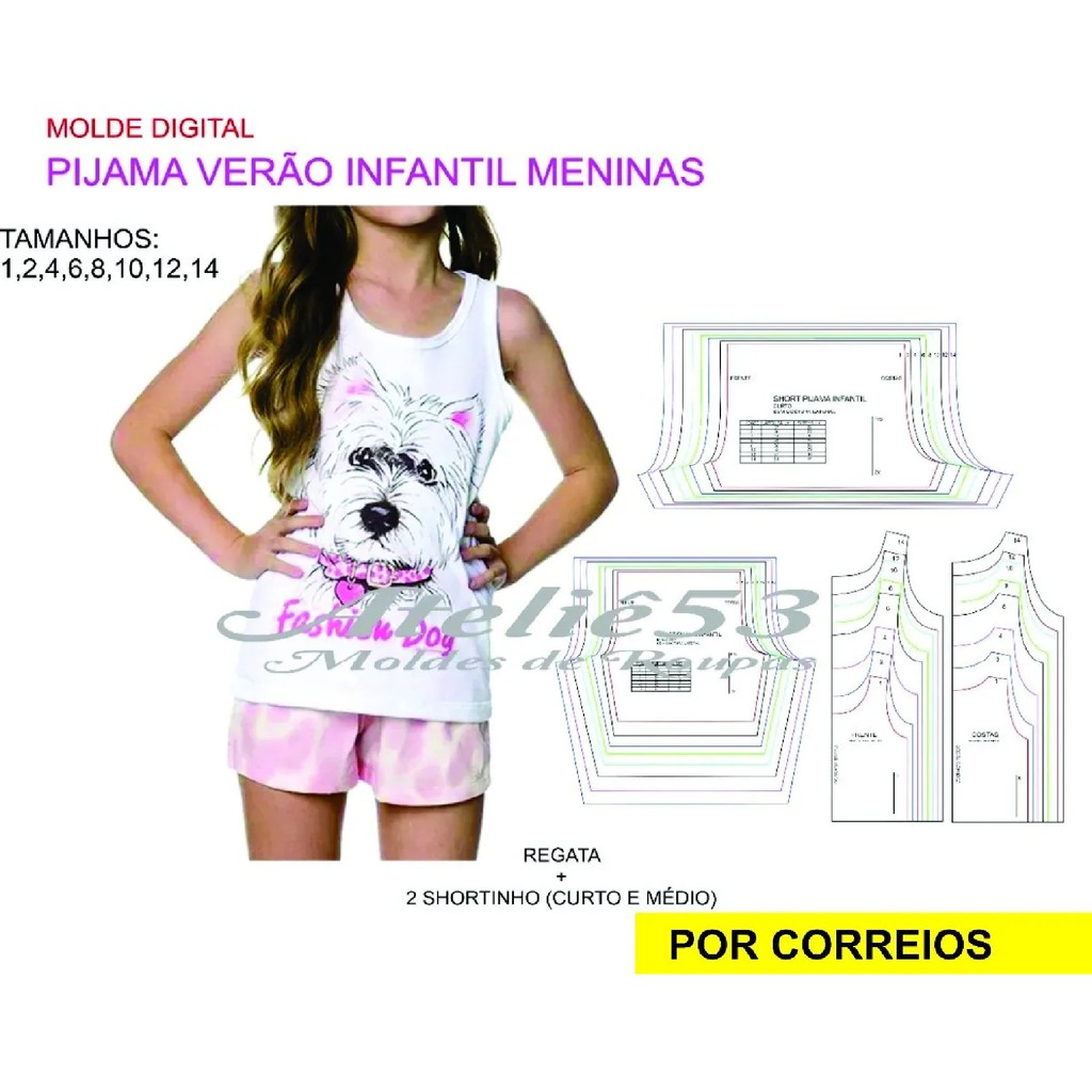 Moldes Modelagem Pijama Verão Infantil feminino Regata + Short Grade 120g