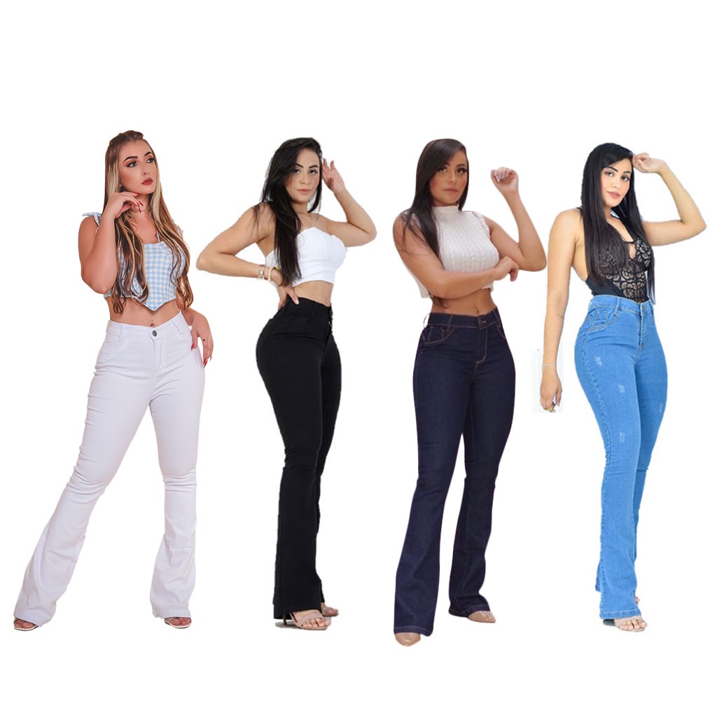 Calça Flare Feminina Jeans Cós Alto com Lycra – Empina Bumbum, Modela Corpo – Várias Cores
