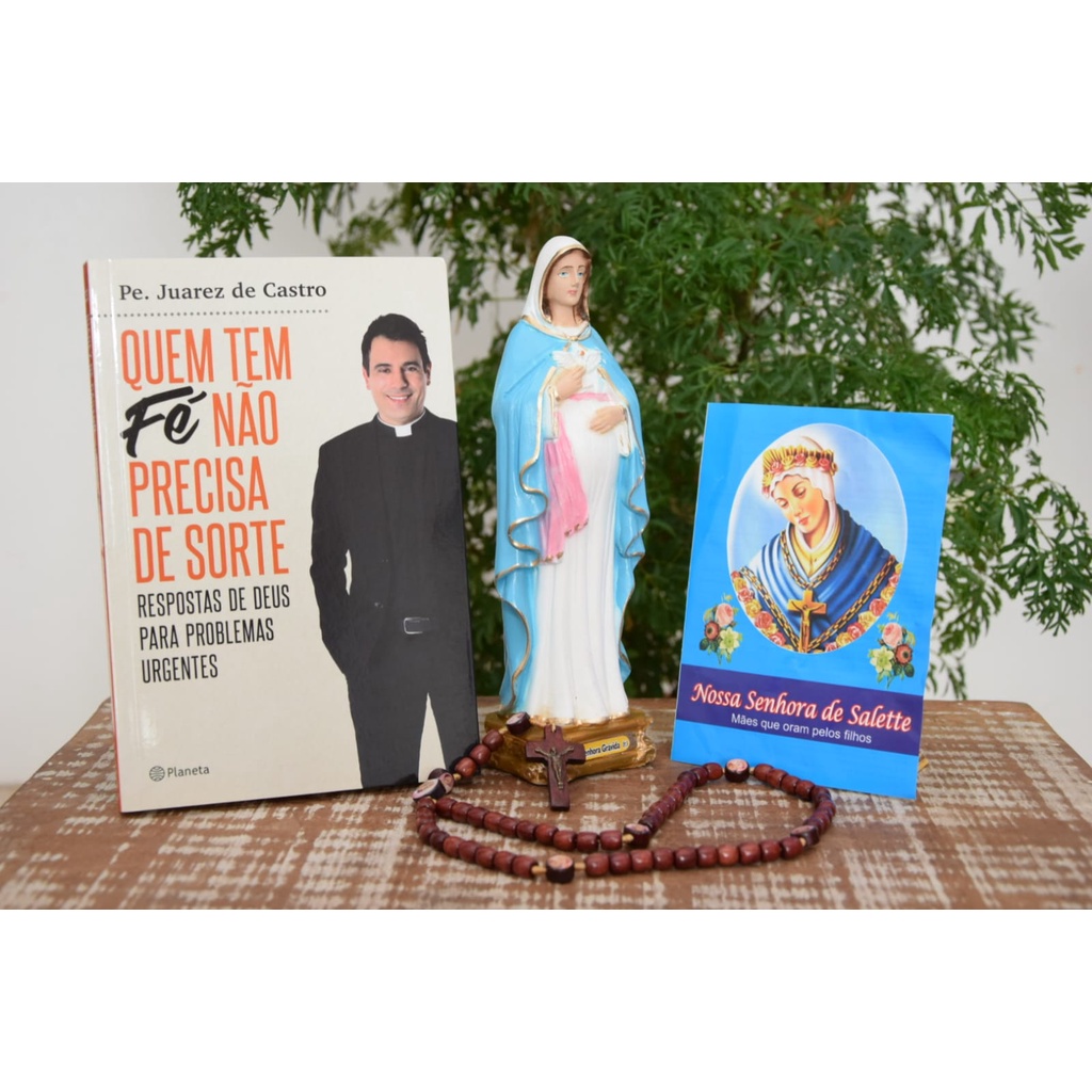 Kit Livro Padre Juarez + Imagem em Gesso Nossa Senhora Grávida 20 cm + Terço em Madeira