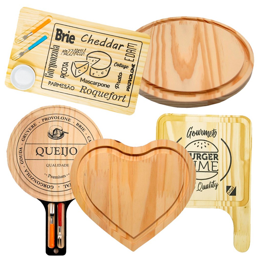 Mega Kit 5 Tábuas de  Madeira  Natural para Petiscos, frios e queijos (Kit com pote e garfinhos,  Premium , Redonda G, Coração G, Hamburguer) para Apoio de Canecas, Copos e  Xicaras de Chá, Cozinha, Taças, , Petiscos, Mesa posta