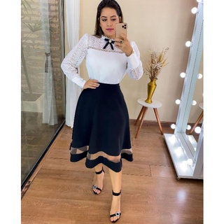 saia godê evasê com detalhe de tule moda evangélica plus size