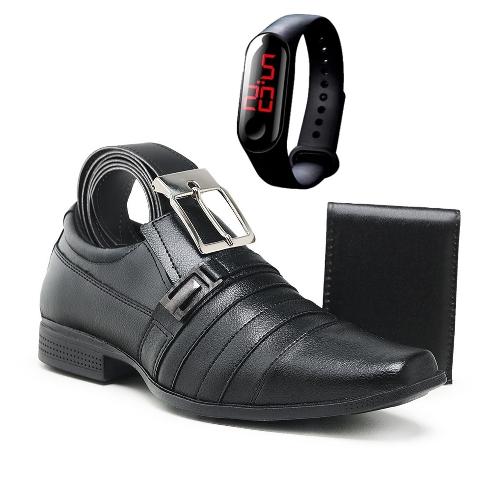 Kit Sapato Masculino Social Elegante Confortável com Relógio Carteira e Cinto