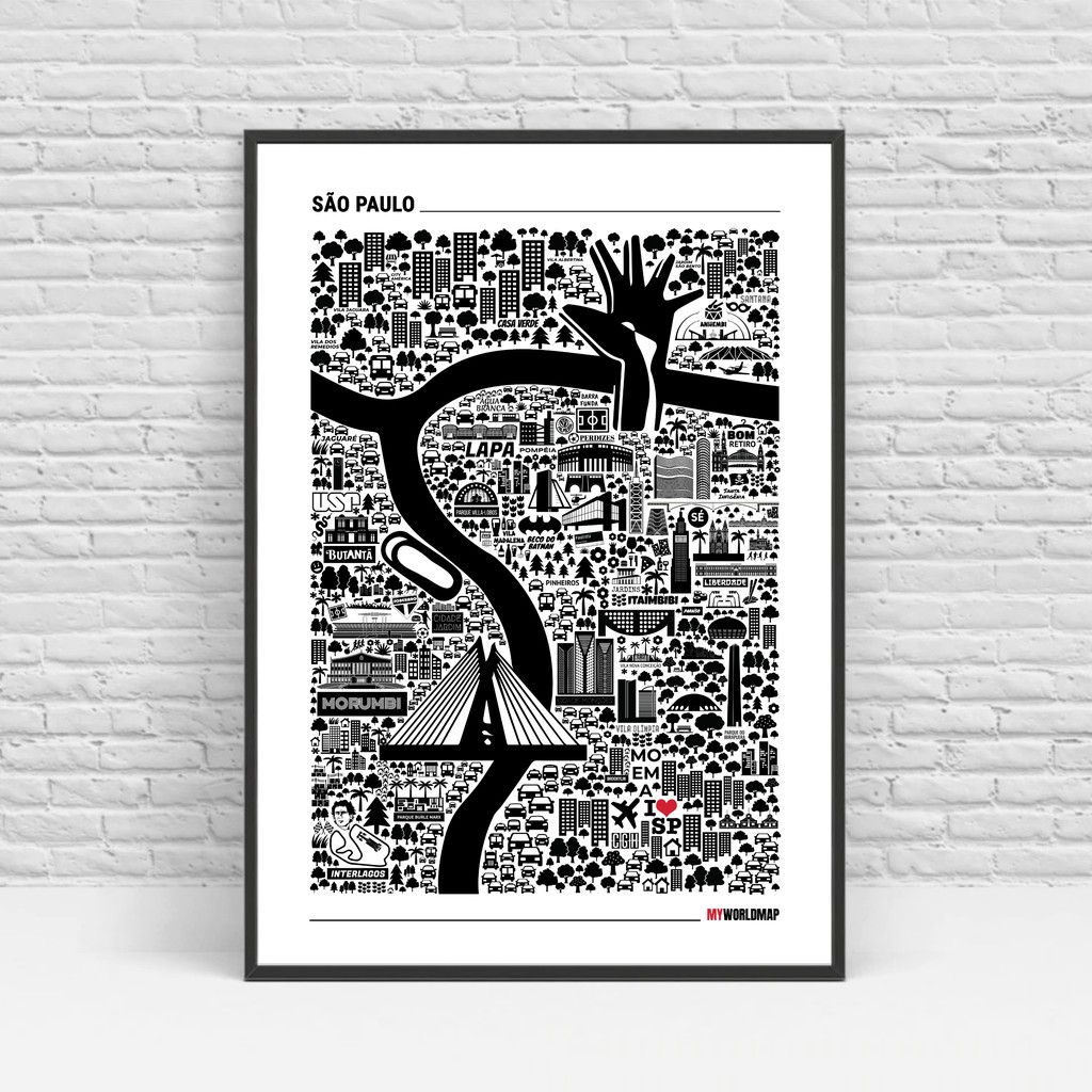 Mapa São Paulo Minimalista Ilustrado Com Bairros, Símbolos e Pontos Turísticos - Mapa Iconográfico São Paulo - A2 60x42