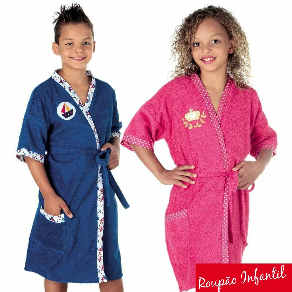 Roupão De Banho Infantil Em Algodão Felpudo - Com Bordado E Com Bolso - Para Menina E Menino - Uso Em Banho, Praia E Piscina