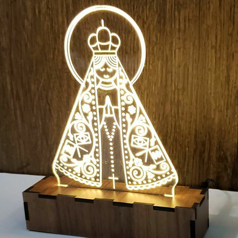 Luminária 3D LED - Acrílico Abajur Nossa Senhora Aparecida - Base em madeira Laminado Formica 15cm