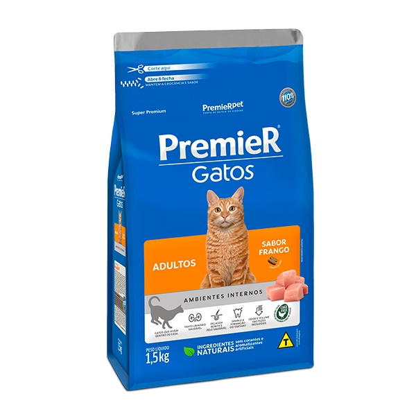 Ração Premier Ambientes Internos para Gatos Adultos Sabor Frango - 1,5Kg