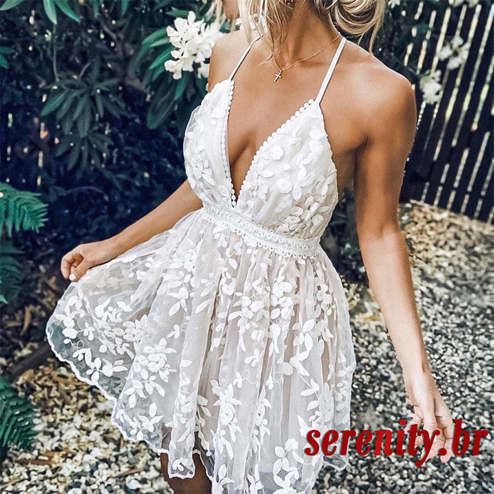 Vestido Feminino Sem Manga Boho Decote V Amplo Ombros Expostos Costas Abertas De Praia