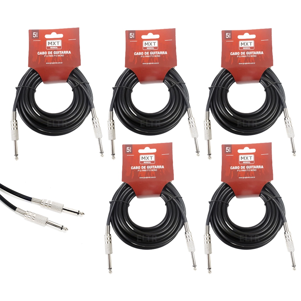 Kit 5 Cabo P10 P10 Mono Guitarra Violão Baixo Cavaquinho Caixa Som Amplificador 5m Metros mxt