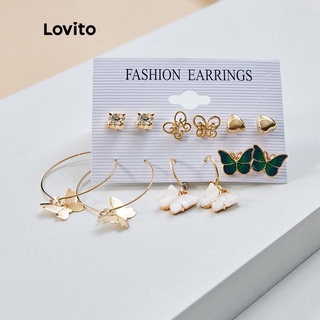 Lovito 6 Pares de Conjunto de Brinco de Strass Coração Borboleta Pedra Preciosa para Mulheres L17M167 (Ouro)
