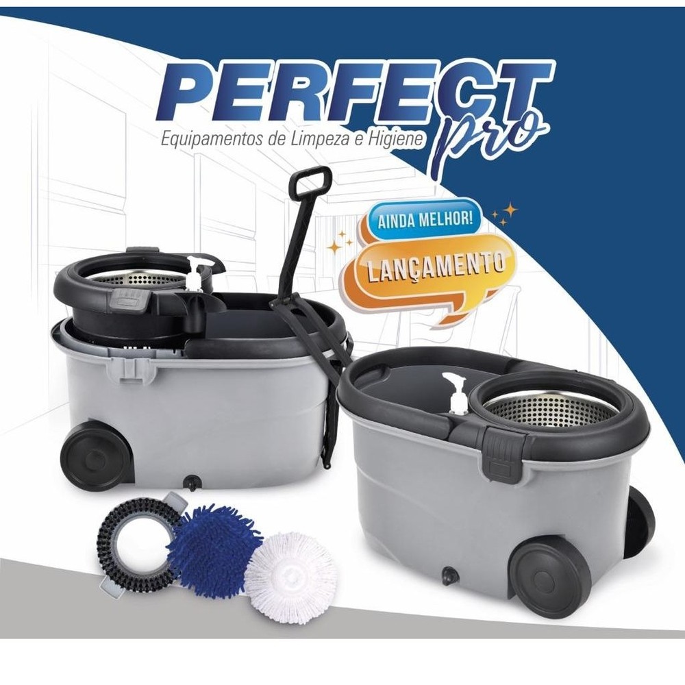 Balde Perfect Original esfregao com rodas alça retratil  Mop Move Pro 360 Inox C/3 Refis
