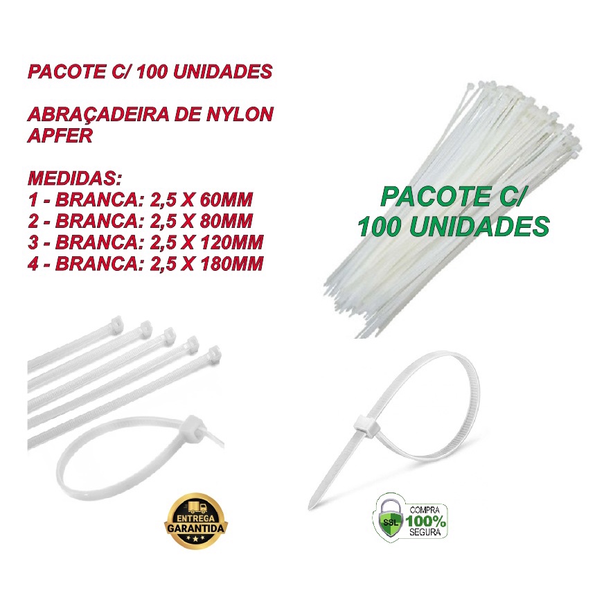 Abracadeira Enforca Gato Cinta de Nylon Branca Pct 100 unidades 2.5x60mm  2.5x80mm 2.5x120mm e Kit 3 Medidas - APFER | Shopee Brasil