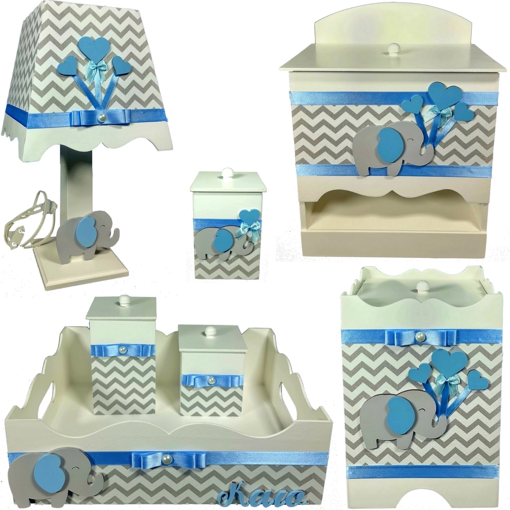 Kit Higiene para Bebê decorado + Nome Elefantinho azul claro branco e chevron cinza