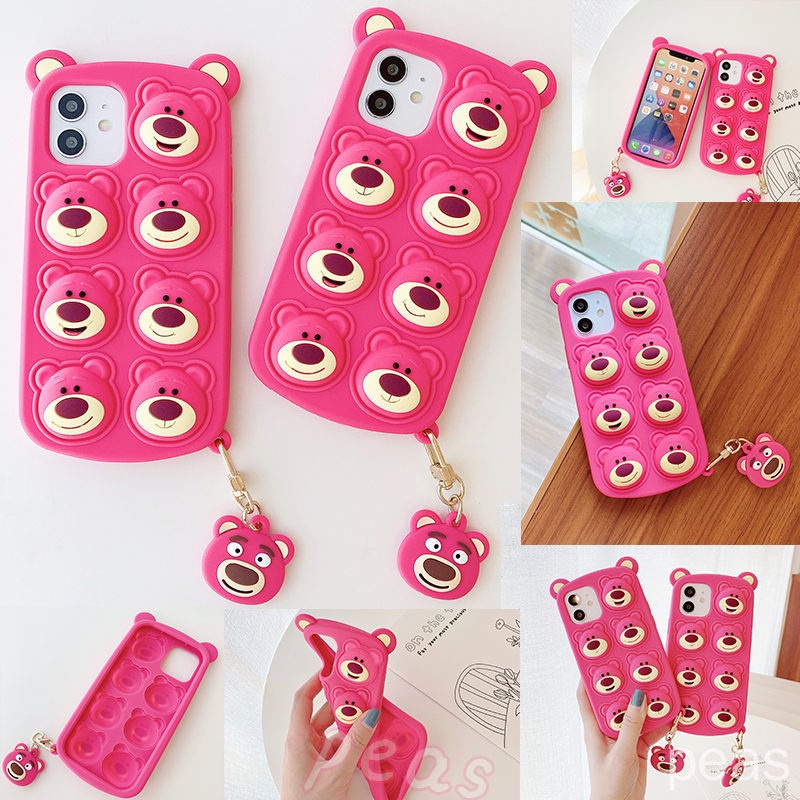 Capa Protetora Pop it OPPO A96 A76 A36 A16 A74 A54 A55 4G 5G A15 A15S A53 A31 A9 A5 2020 A92 A52 De Celular Flexível TPU 3D Fofo Desenho Animado De Morango Urso Para Aliviar O Estresse Com Pingente