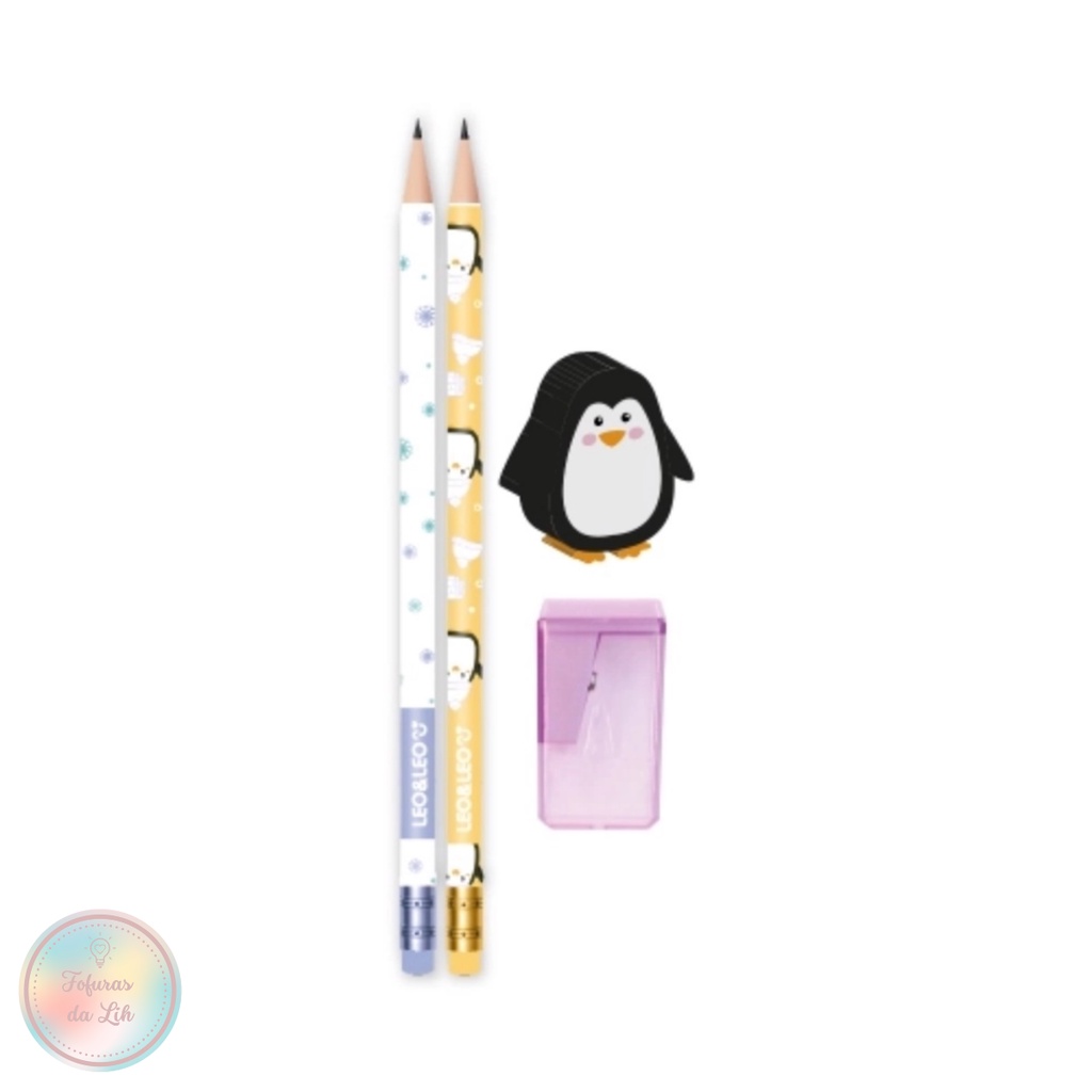 Kit 4 peças lápis borracha decorada e apontador Pinguim Leo&Leo