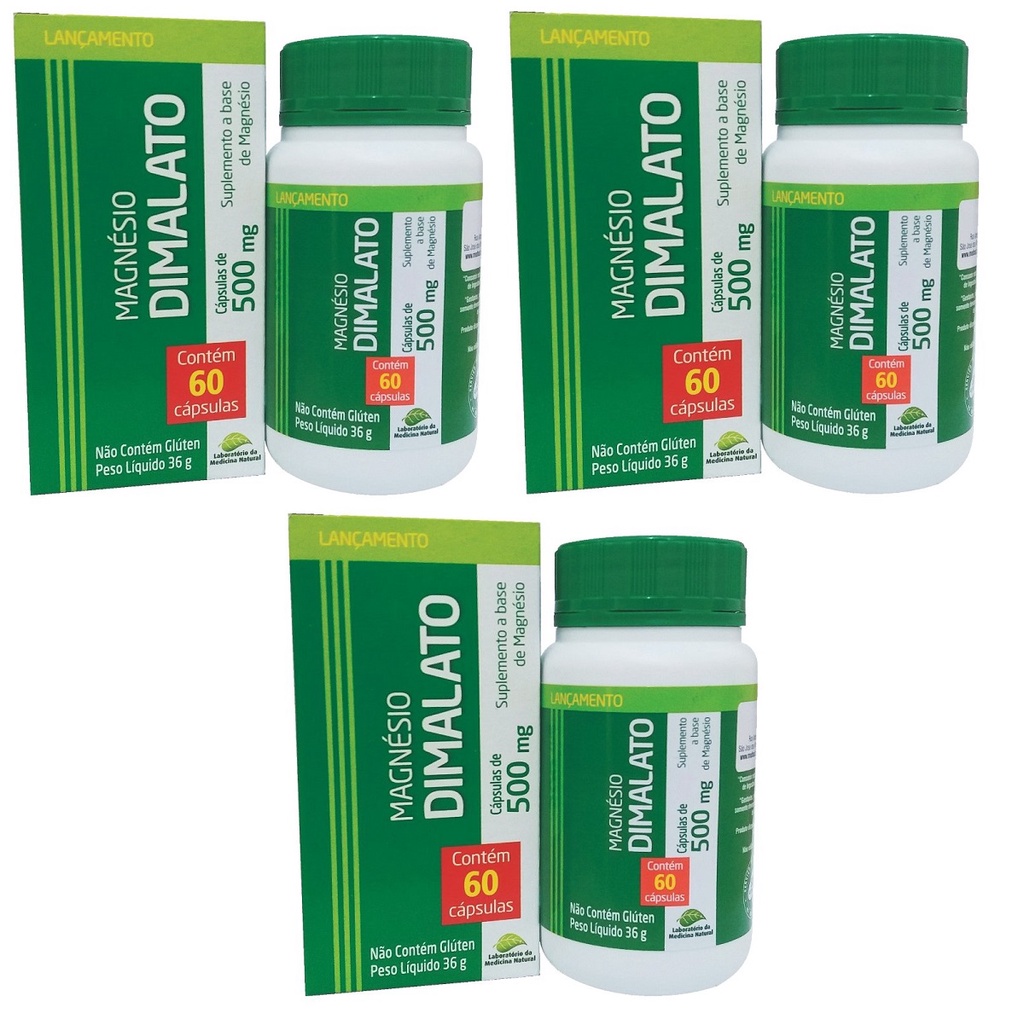 Kit Magnésio Dimalato Medinal 500mg 60cápsulas - 3 Unidades