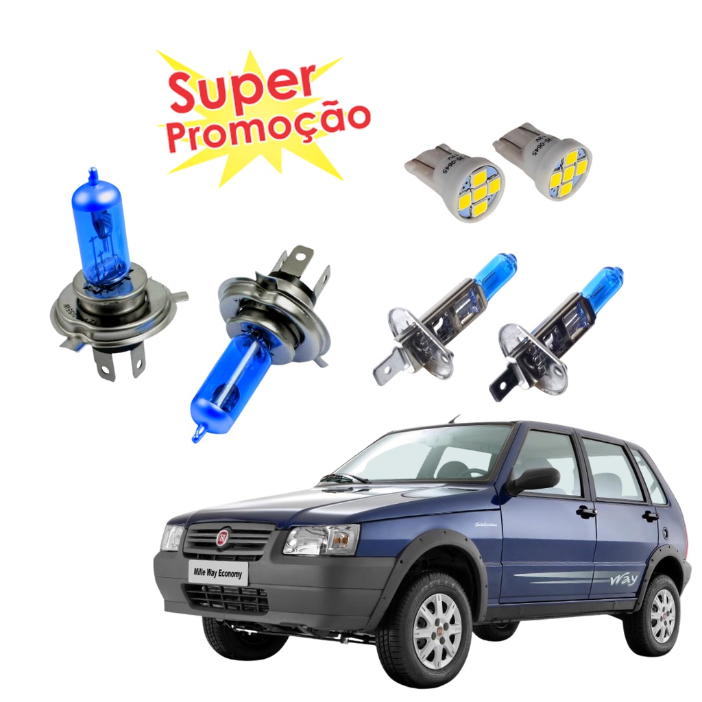 Kit Lampada Farol Super Branca + Meia Luz Led Fiat Uno 1984 a 2014 H4 H1 8500K em Oferta na Shopee