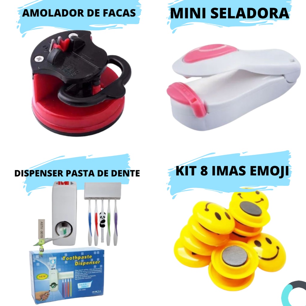 KIt com Porta Pasta de Dente Mini Seladora de Sacos Afiador de Faca e Imã Emoli (4 Produtos)