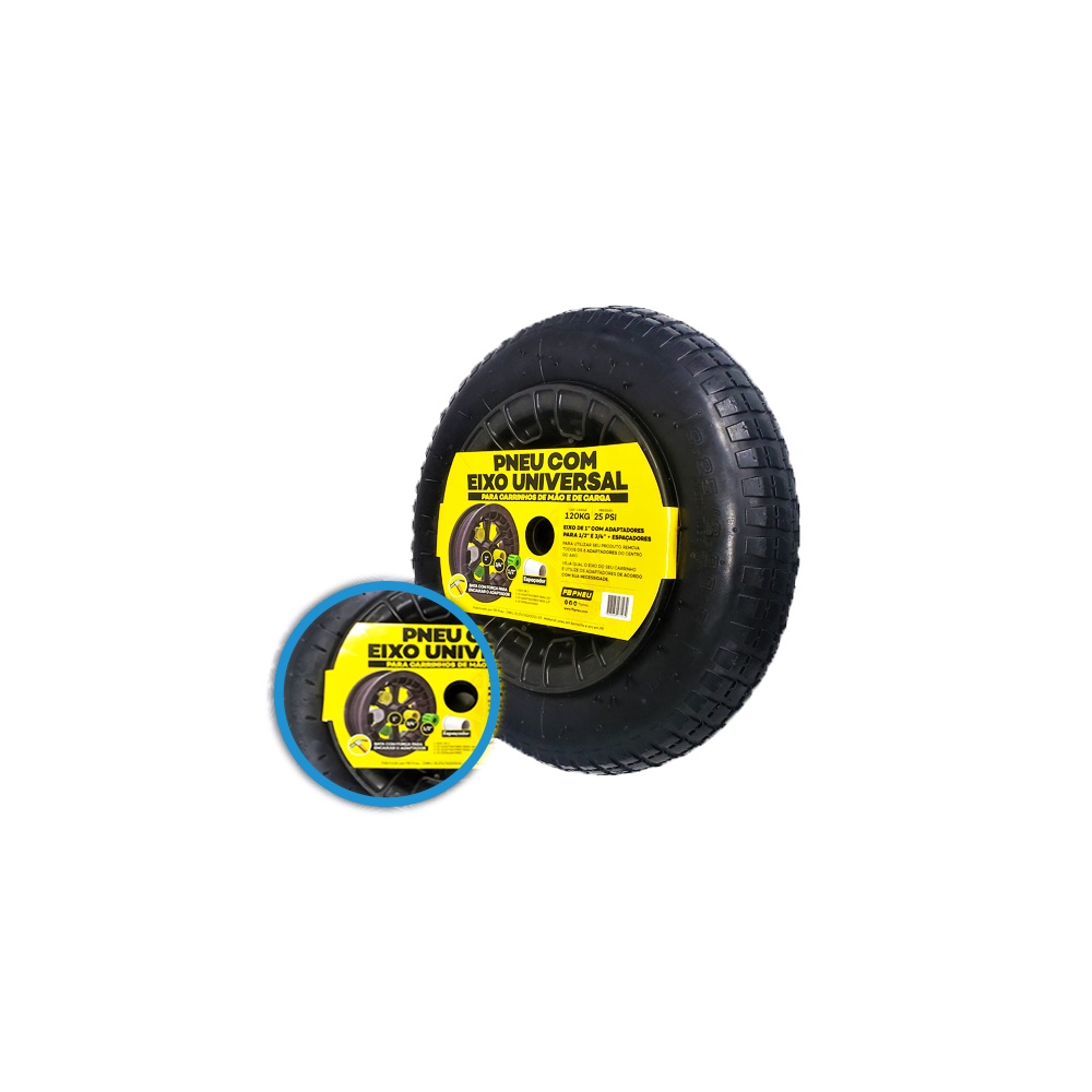 Pneu Aro Completo Carrinho De Mão Eixo Universal 1", 3/4" e 1/2"pol FB Pneu