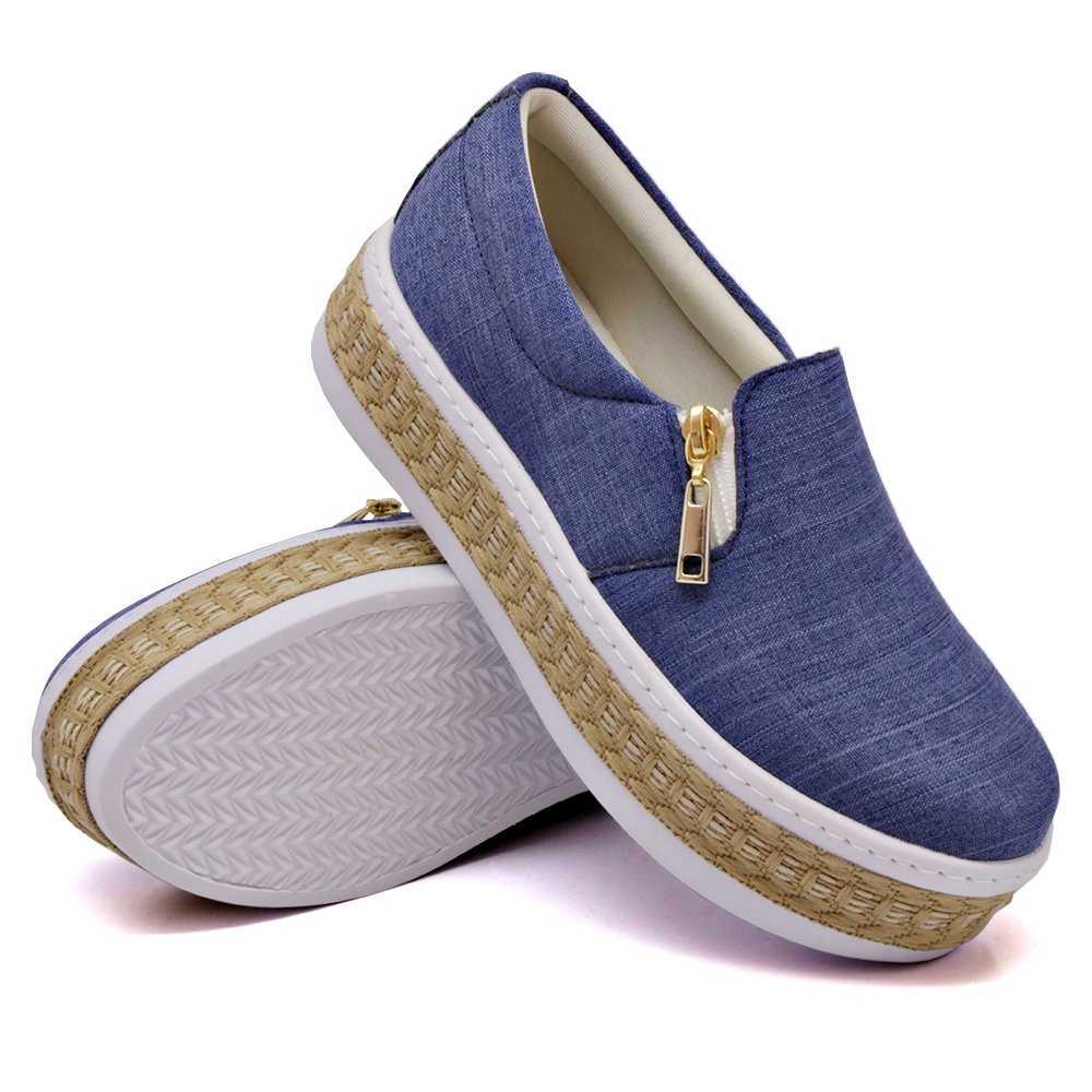 Slip On Plataforma Tenis Casual Iate Feminino DKshoes Modelo Zíper lateral Jeans Claro com Corda