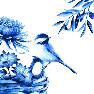Guardanapo para Decoupage Cod12 Flores e Pássaro Azul no Fundo Branco - Kit 2 Unidades Iguais - Guardanapo.