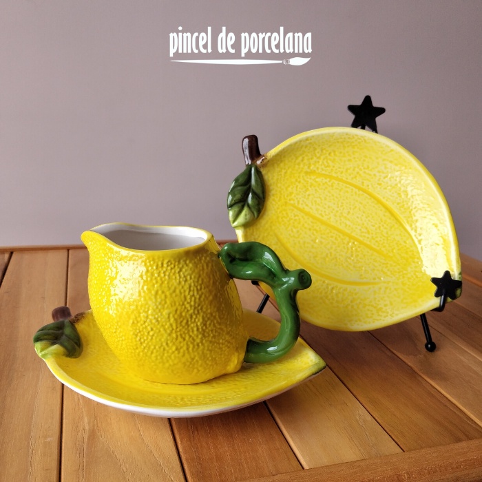 KIT C/ 2 PRATOS CERÂMICA E 1 LEITEIRA LEMONS