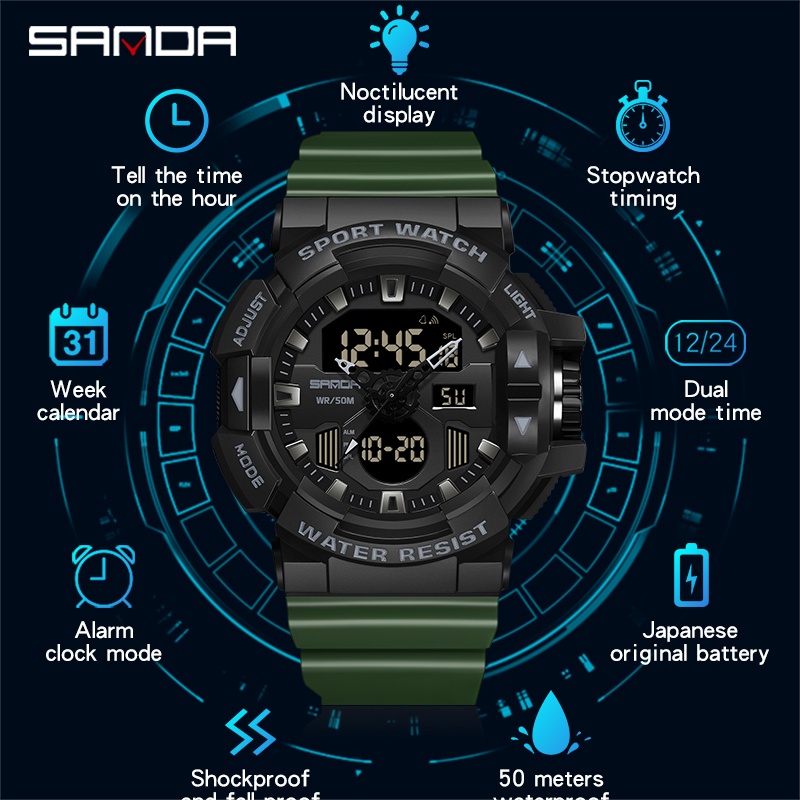 SANDA Relógio De Pulso Masculino De Quartzo Com Display Duplo Digital LED/Militar 3129-15 — imagem 2 de 2