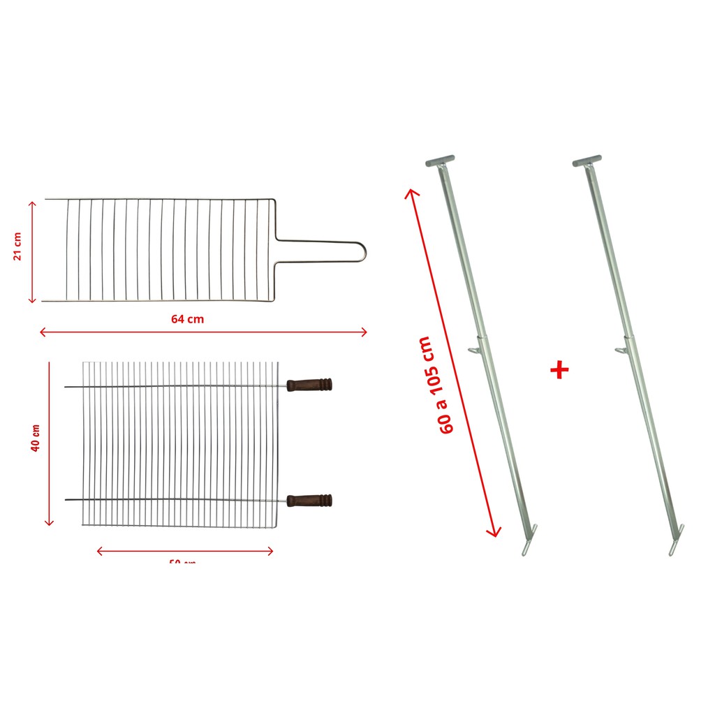 Kit Churrasqueira Grelha Pequena + Grelha Única Média + Suporte Extensor Ajustável 5001/5101U/5501 DP