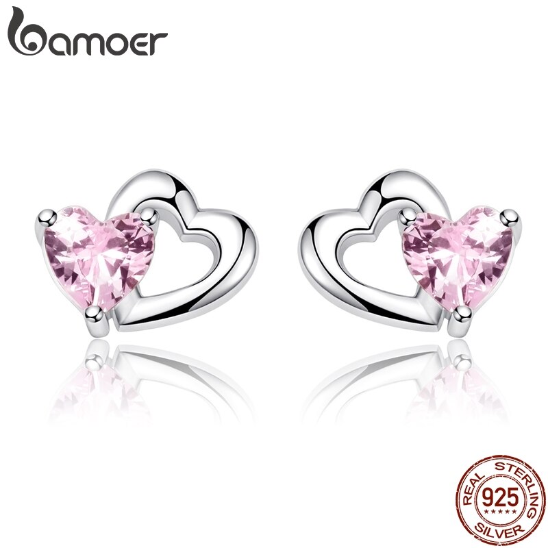Bamoer 925 Sterling Silver Duplo Coração Para Coração Rosa Cz Brincos Do Parafuso Prisioneiro Para As Mulheres Brincos Jóias Finas Bijoux Sce090