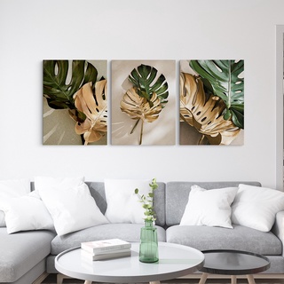 Quadros Decorativos Kit 3 Peças Para Sala Quarto Moderno Folhagem Verde Dourado 40X60