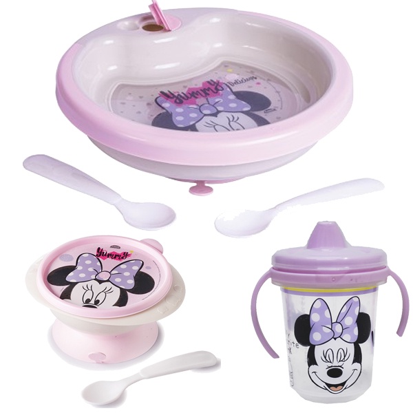 Kit Alimentacao Refeicao Infantil Bebe Minnie Prato Copo Antivazamento Pote Papinha Colher Plasutil