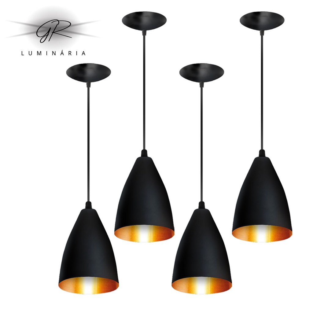 Luminarias Pendentes Kit 4 Luminaria de teto Preto/Cobre casa e decoração