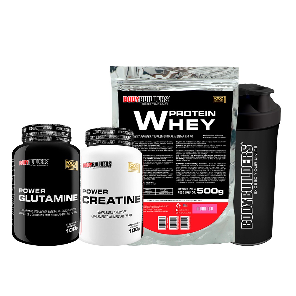 KIT Whey Protein 500g, Power Creatina 100g, Power Glutamina 100g, Coqueteleira - BodyBuilders