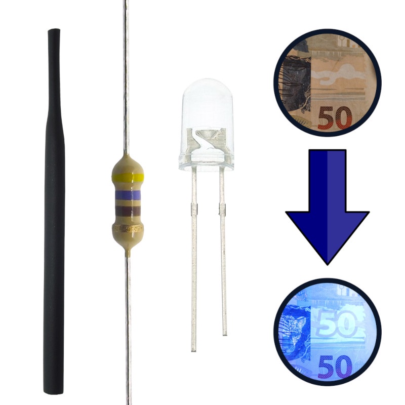 Kit 20 unidades LED UV Ultravioleta 5mm + Resistor 12V + Termo Retrátil