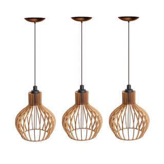 Kit com 3 Pendente Luminária De Teto Lustre de Sala / Cozinha PP em Madeira Modelo Veneza Reforçado cru cor natural Lustre Promoção Decor - COMPRE AGORA