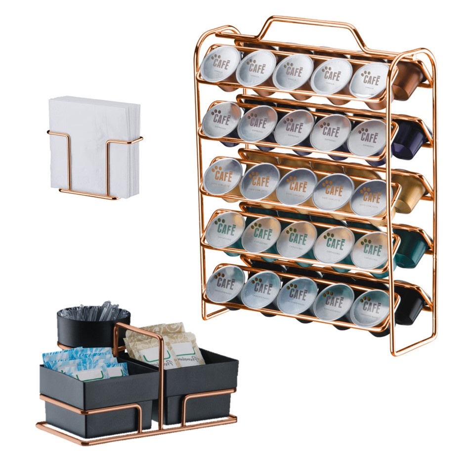 Kit Café 3 Peças Suporte 50 Cápsulas Nespresso Porta Sachês Guardanapos Cobre Rose Gold - Future
