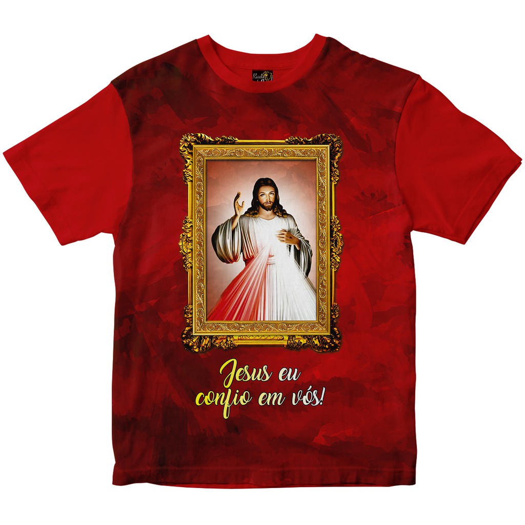 Camiseta Jesus Misericordioso Moldura Rainha do Brasil Vermelho