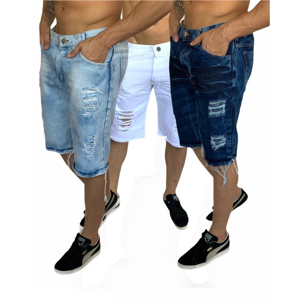 Bermuda Jeans Masculina Rasgada Kit Com 3 Jeans Clara Branca E Escura Shopee Brasil