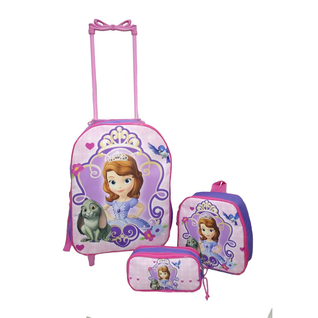 Kit Mochila Infantil Princesa Sofia Espelho Rodinhas + Lancheira + Estojo Roxa
