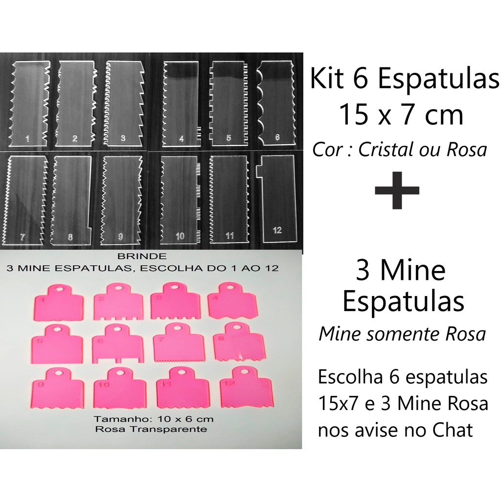 Kit 9 Espátulas decorativas P/ Alisar bolo acrílico (6 + 3 Mine)