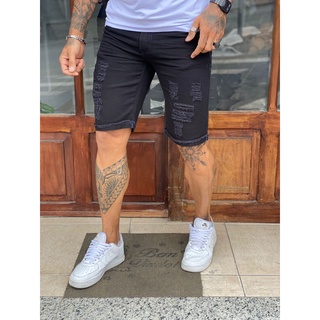 Bermuda Masculina Preta Rasgada Destroyed Plus Size