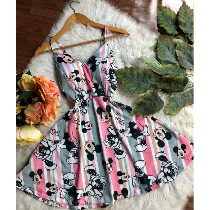 Vestido boneca rodado decote nuvem adulto listradinho disney mickey minnie