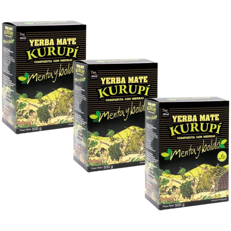 Kit 3 Erva Mate Kurupi Para Tereré Menta e Boldo Caixa 500g