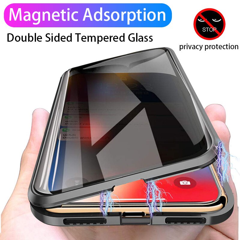 Capa Magnética De Privacidade Para Iphone 11 12 13 14 15 16E Air 17 Pro Max Ímã Metal Vidro Temperado 360 Protetora