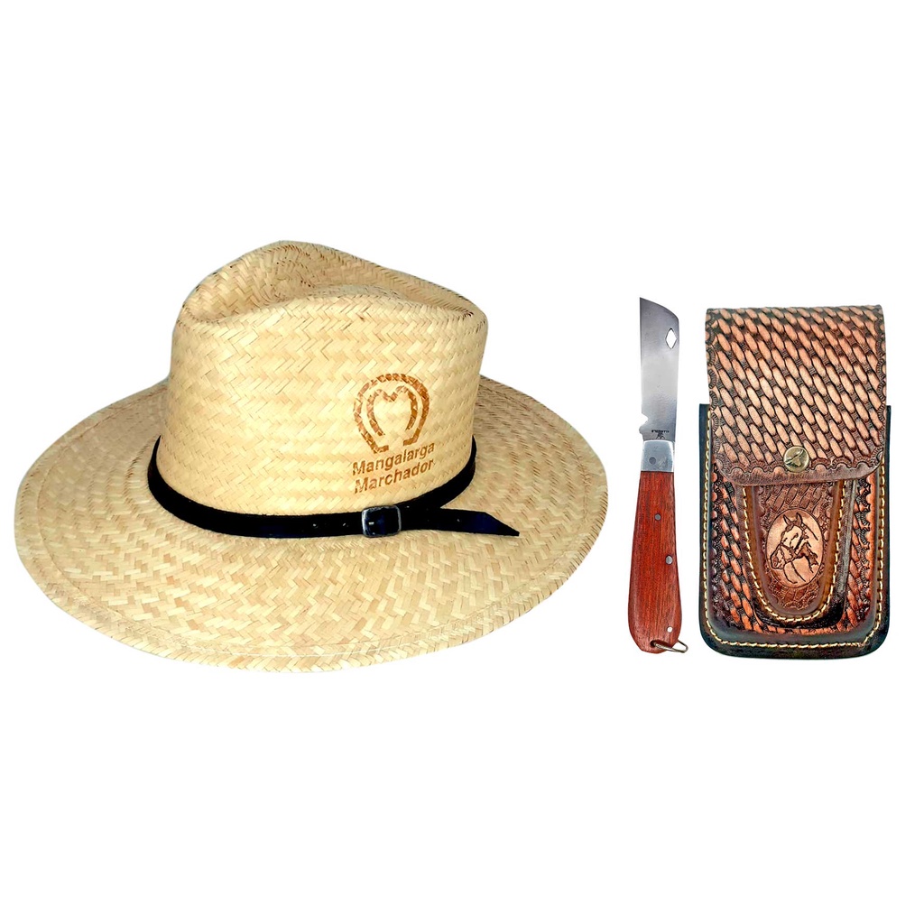 Chapéu de Palha com Capa de Celular, Bainha e Canivete