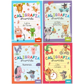 Livro Caligrafia Divertida Letra Bastão, Cursiva, Forma, Numerais MAGIC-kit com 4 Unidades