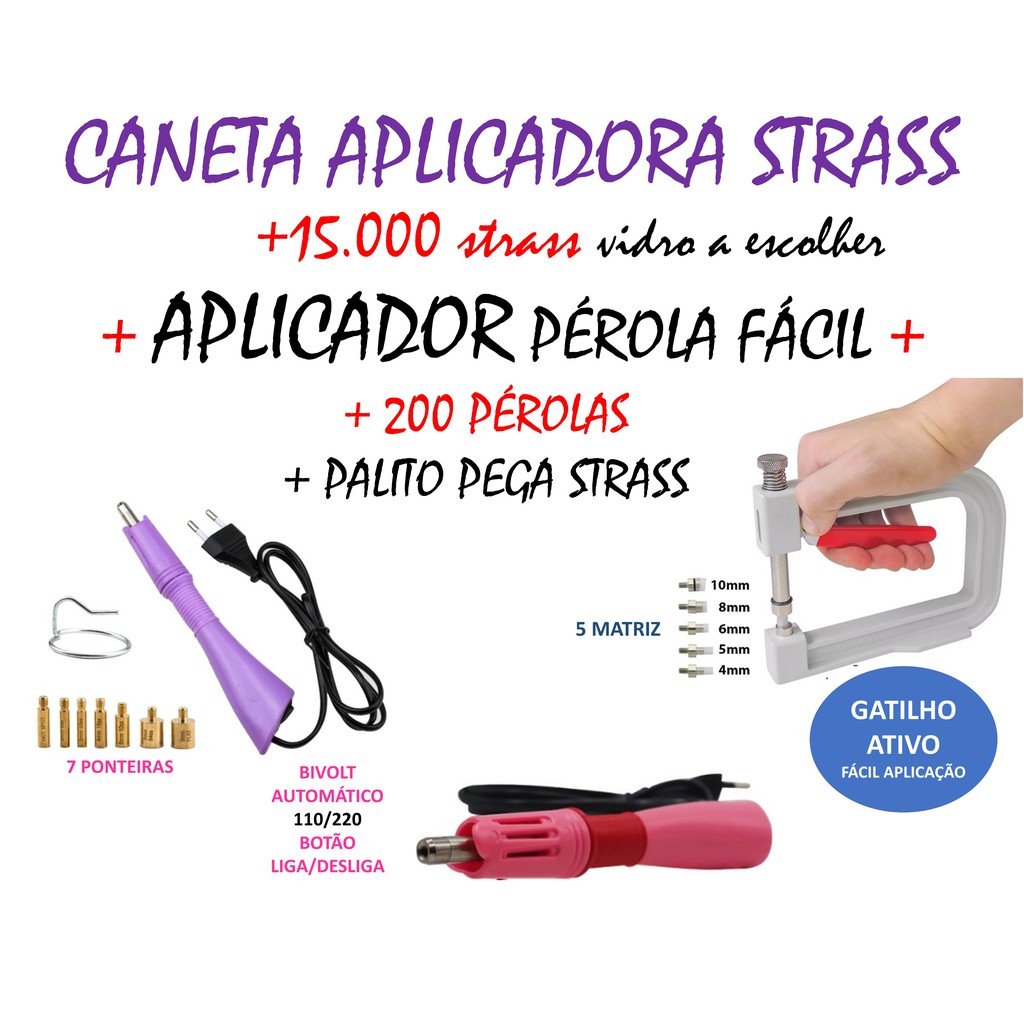 caneta aplicadora de strass + 15.000 strass + aplicador de perolas e spikes + 200 perolas