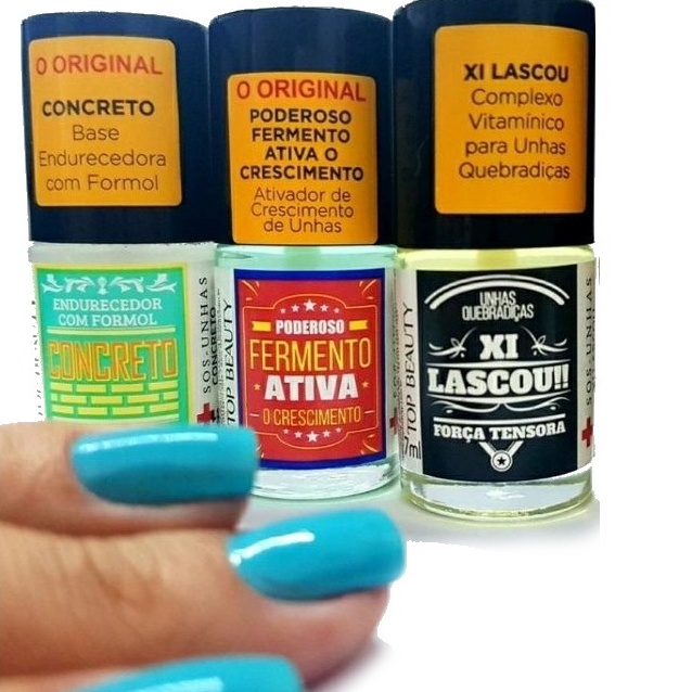 Kit 3 Manicure Pedicure Base Fortalecedora De Unhas Super Concreto Fermento Xi Lascou Top Beauty