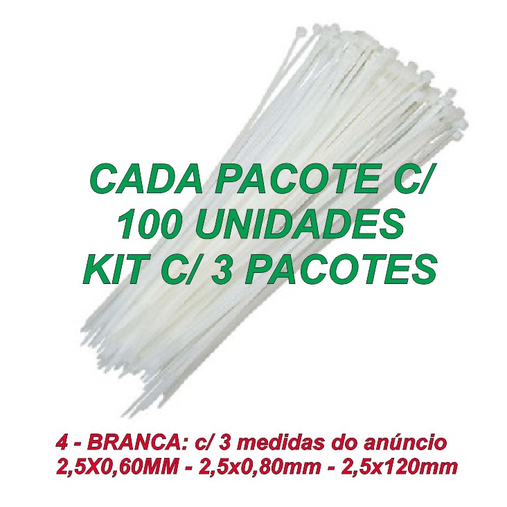 Abracadeira Enforca Gato Cinta de Nylon Branca Pct 100 unidades 2.5x60mm  2.5x80mm 2.5x120mm e Kit 3 Medidas - APFER | Shopee Brasil