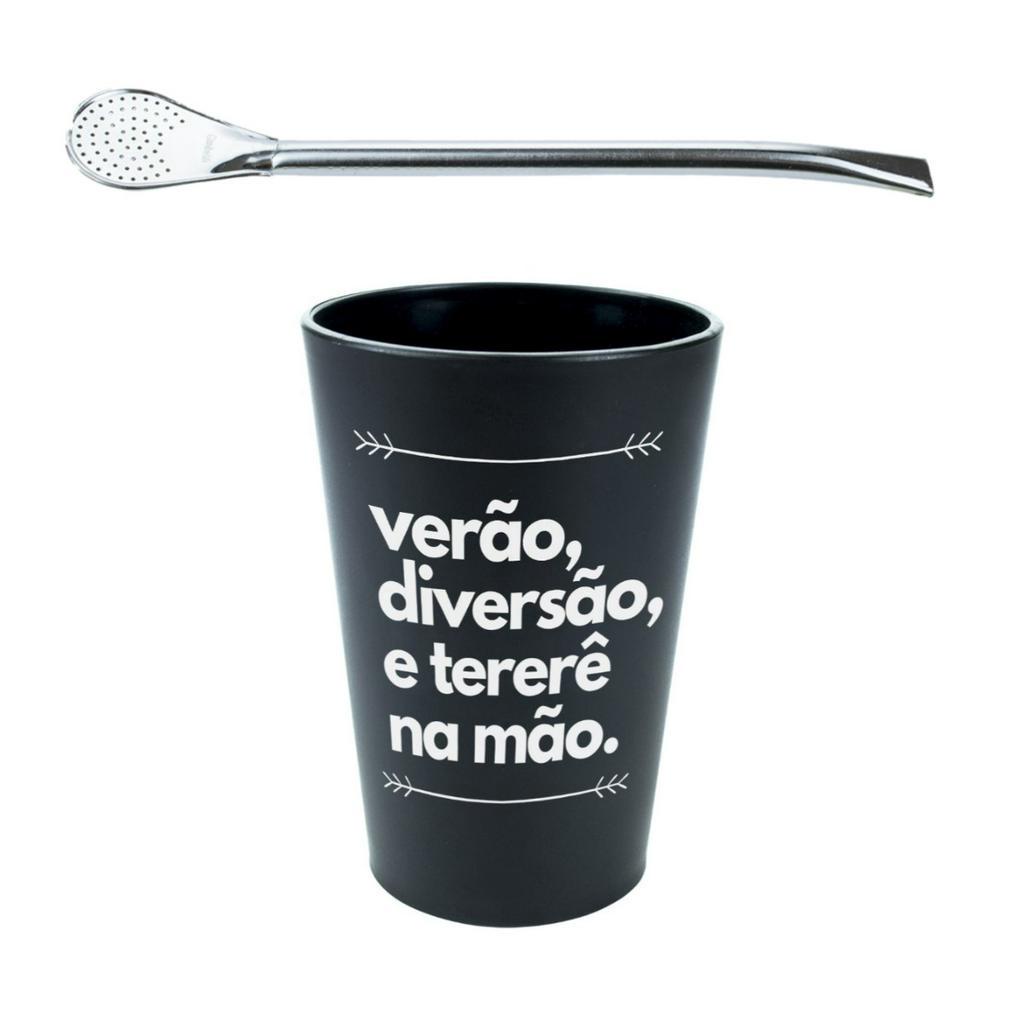 Kit Terere Copo Cuia de Plastico 350ml + Bomba Classica de Ferro Nosso Terere
